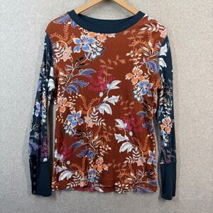Sundance Floral Waffle Knit Thermal Top Rust Brown Velvet Button Cuff Large